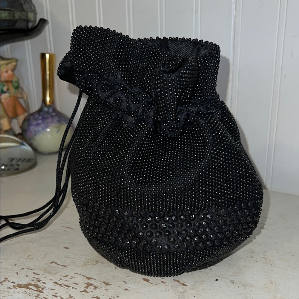 Vintage MCM Elegant Black Beaded Bucket evening Women's Bag Hong Kong